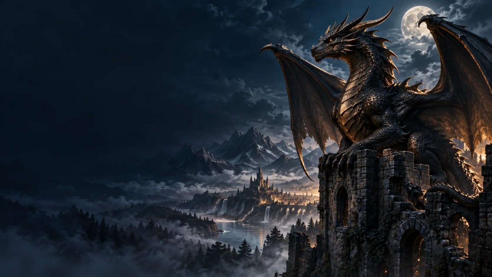 Original fantasy dragon overlooking a moonlit valley